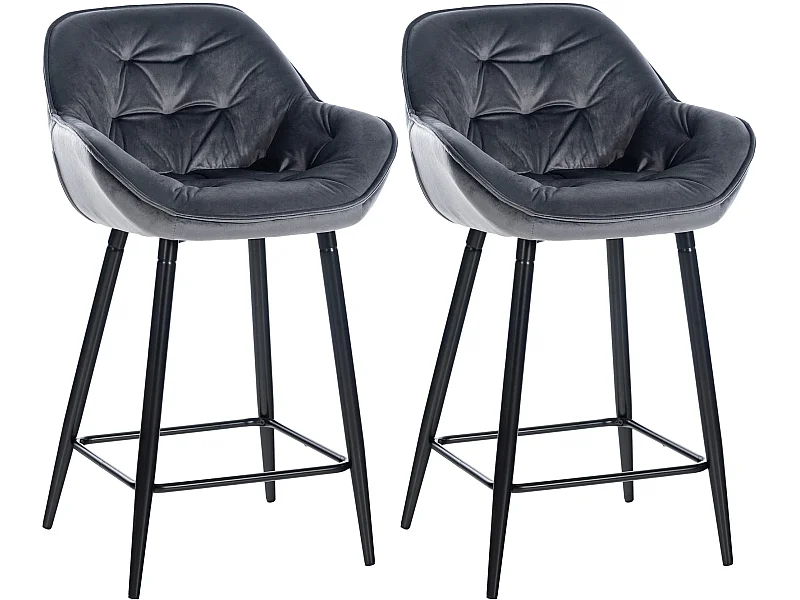 Lot de 2 Tabourets de bar - Velours & Métal noir mat - Gris foncé - Gibson 76