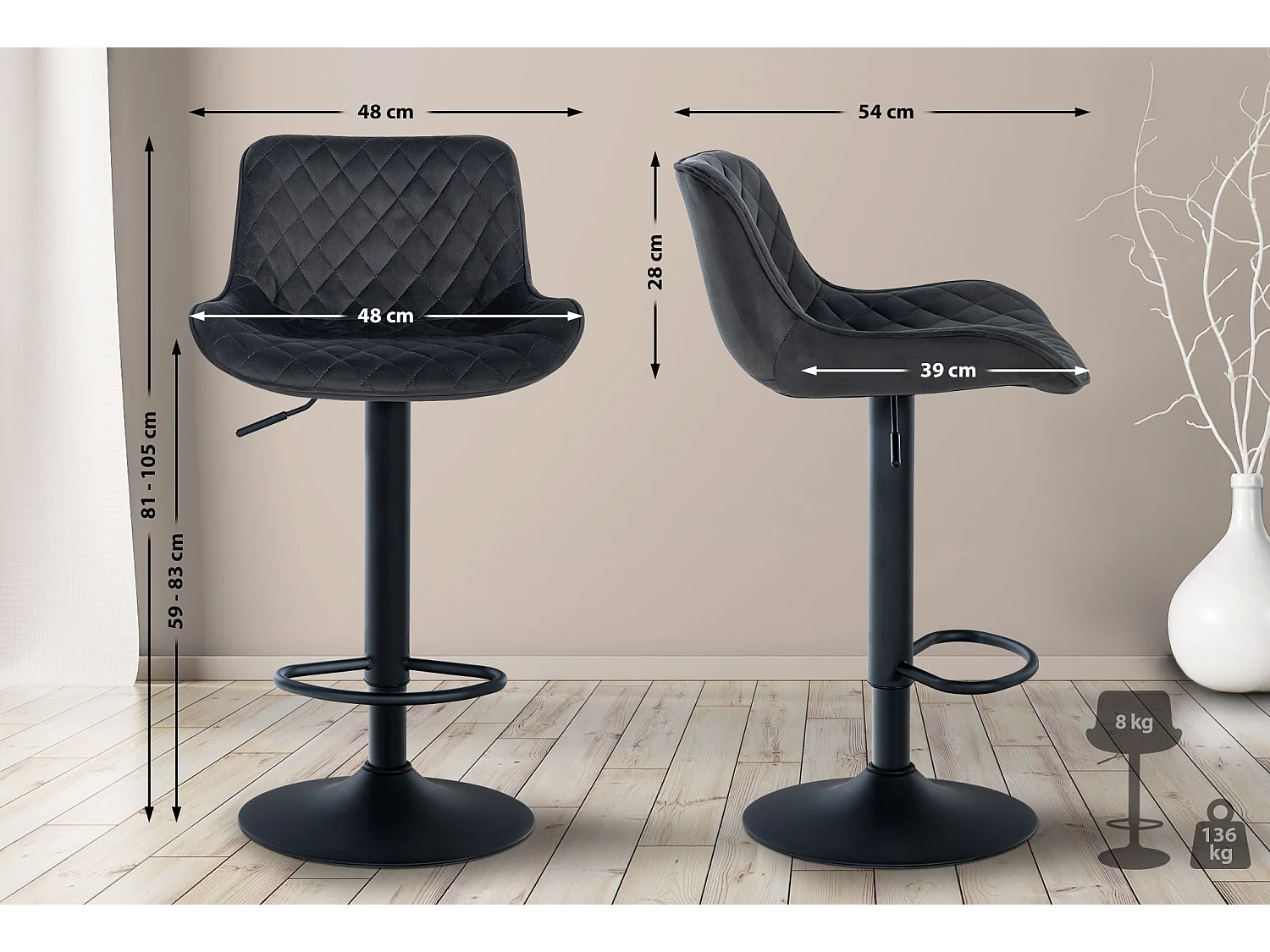 Lot de 2  Tabouret de bar - Velours - Noir - Minosa