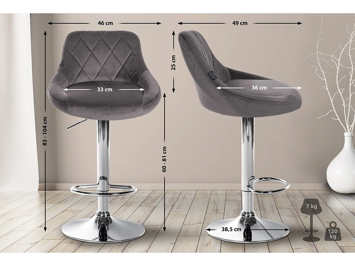 Lot de 2 Tabourets de bar - Velours & Métal - Gris - Lazio