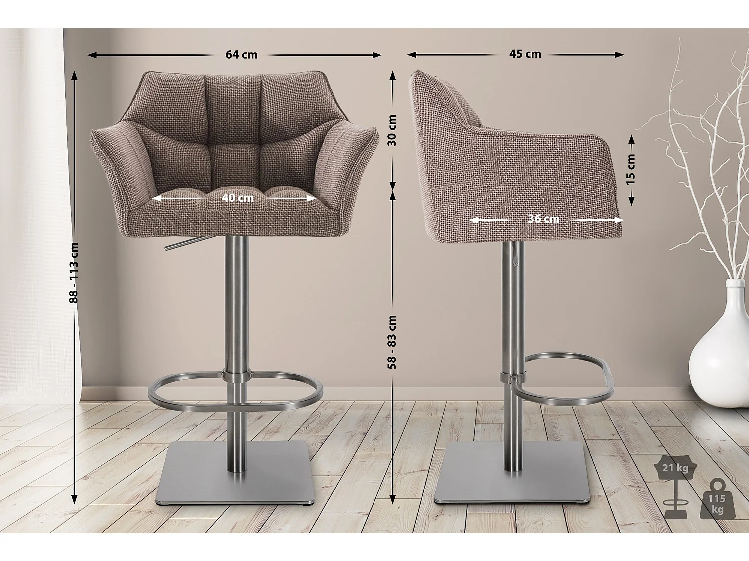 Lot de 2  Tabouret de bar - Tissu & Acier inoxydable - Marron terre - Damaso