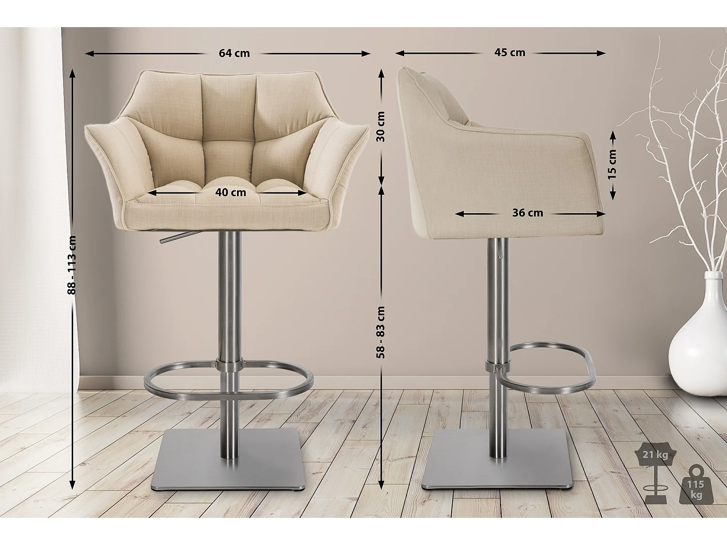 Lot de 2  Tabouret de bar - Tissu & Acier inoxydable - Crème - Damaso
