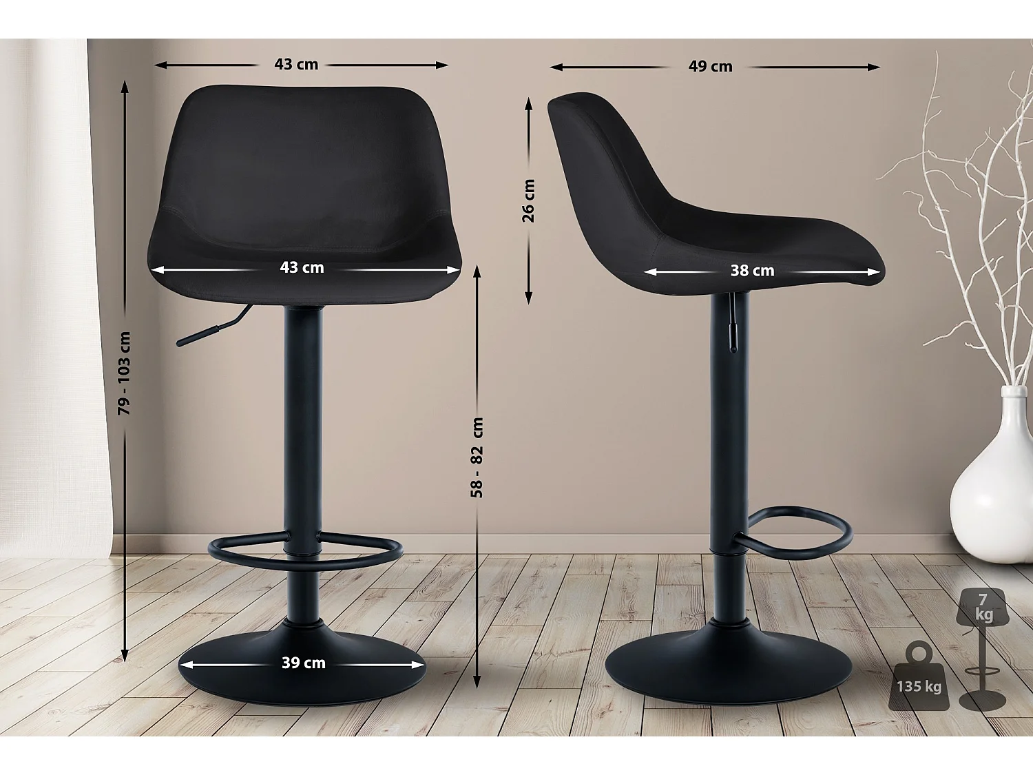 Lot de 2  Tabouret de bar - Velours - Noir - Loft