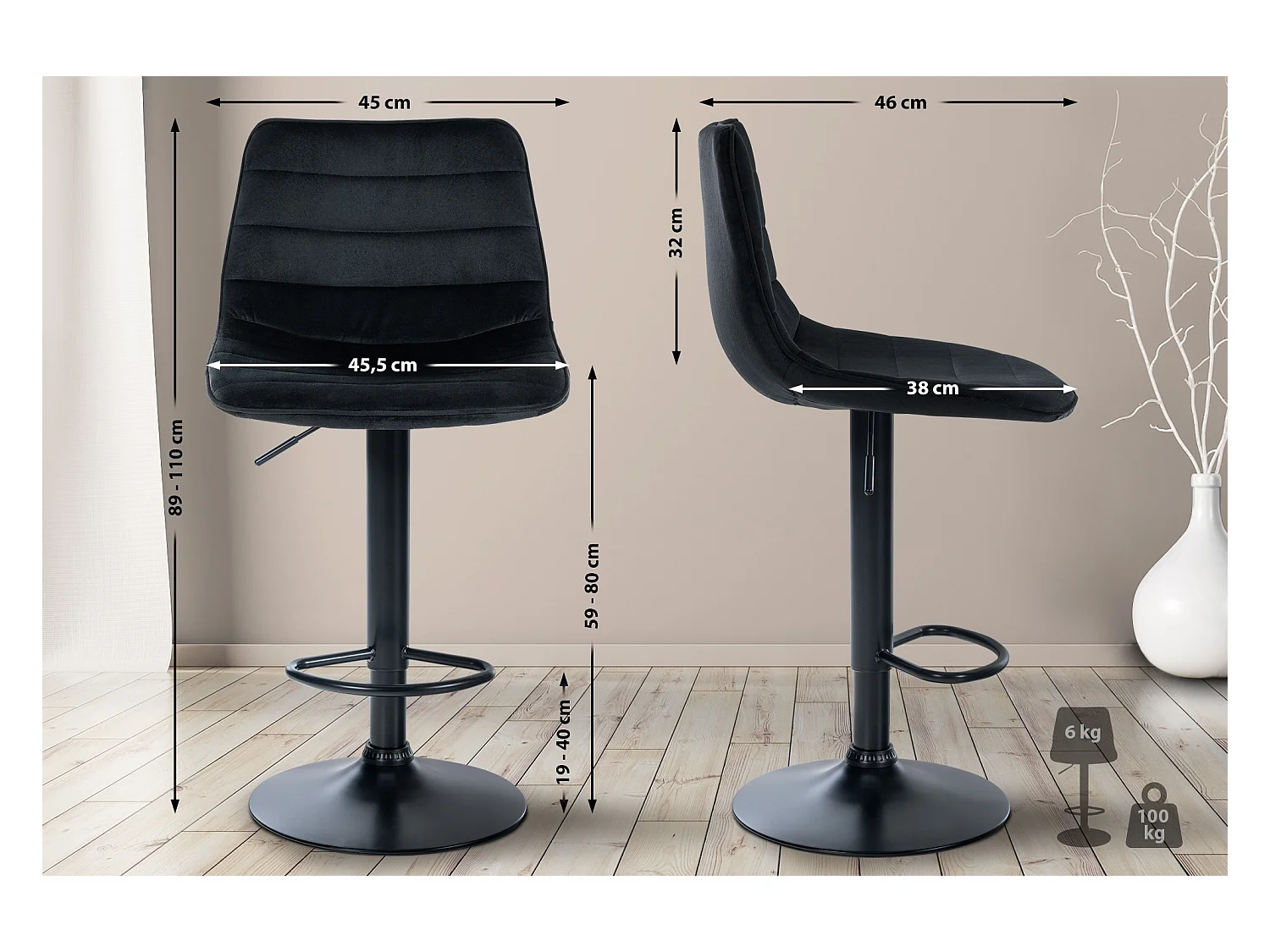 Barhocker - Samt & Metall - schwarz - Lex