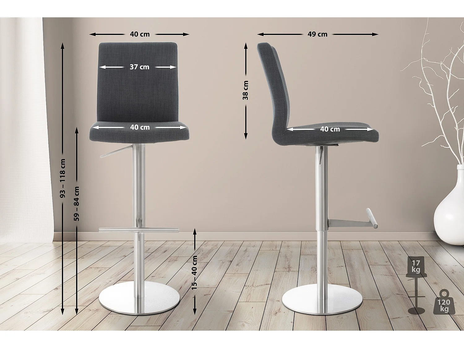 Lot de 2  Tabouret de bar - Tissu & Acier inoxydable - Gris foncé - Cadiz