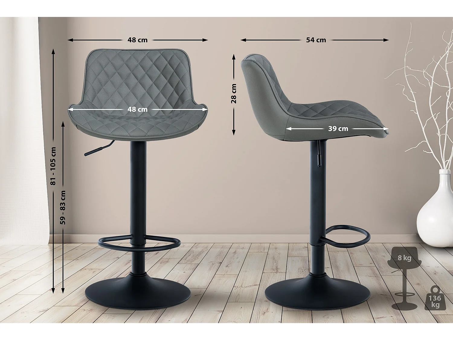 Lot de 2  Tabouret de bar - Similicuir - Gris - Minosa
