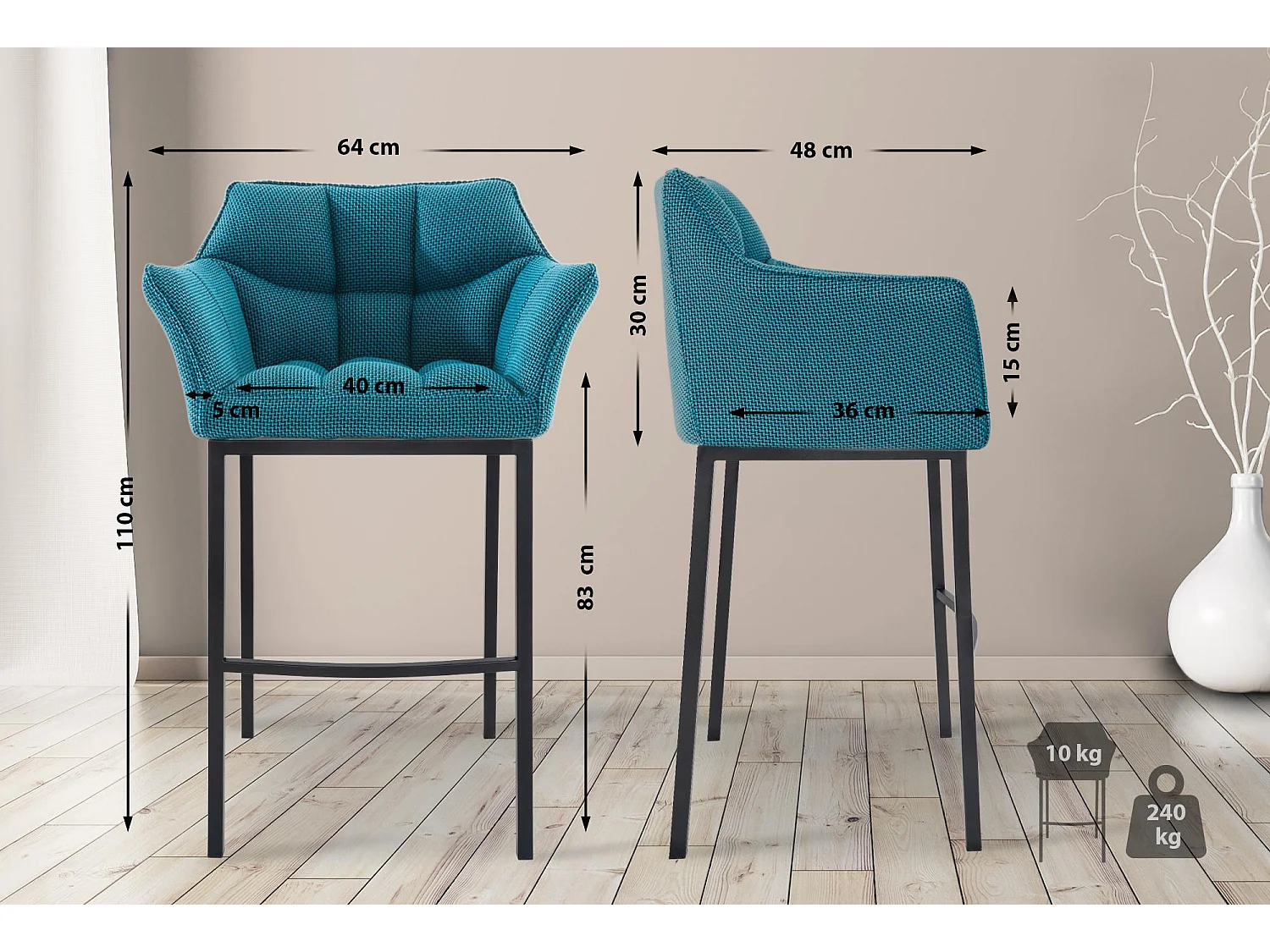 Lot de 2  Tabouret de bar - Tissu & Noir - Turquoise - Damaso