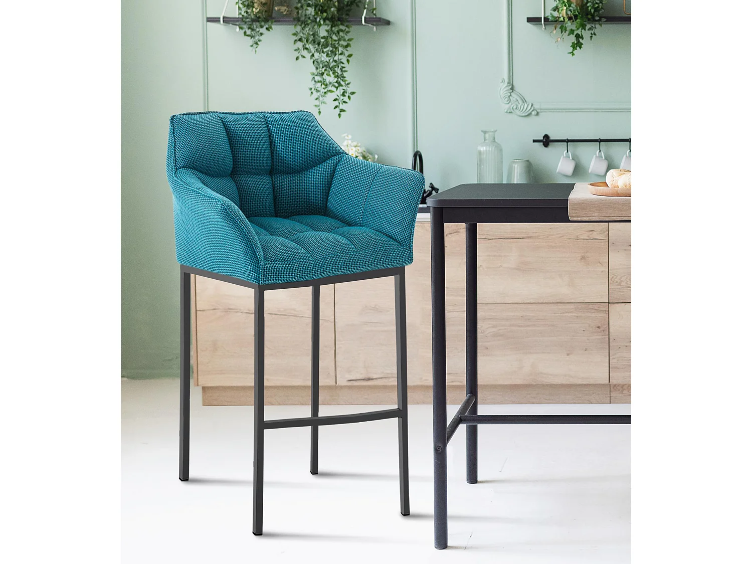 Lot de 2  Tabouret de bar - Tissu & Noir - Turquoise - Damaso