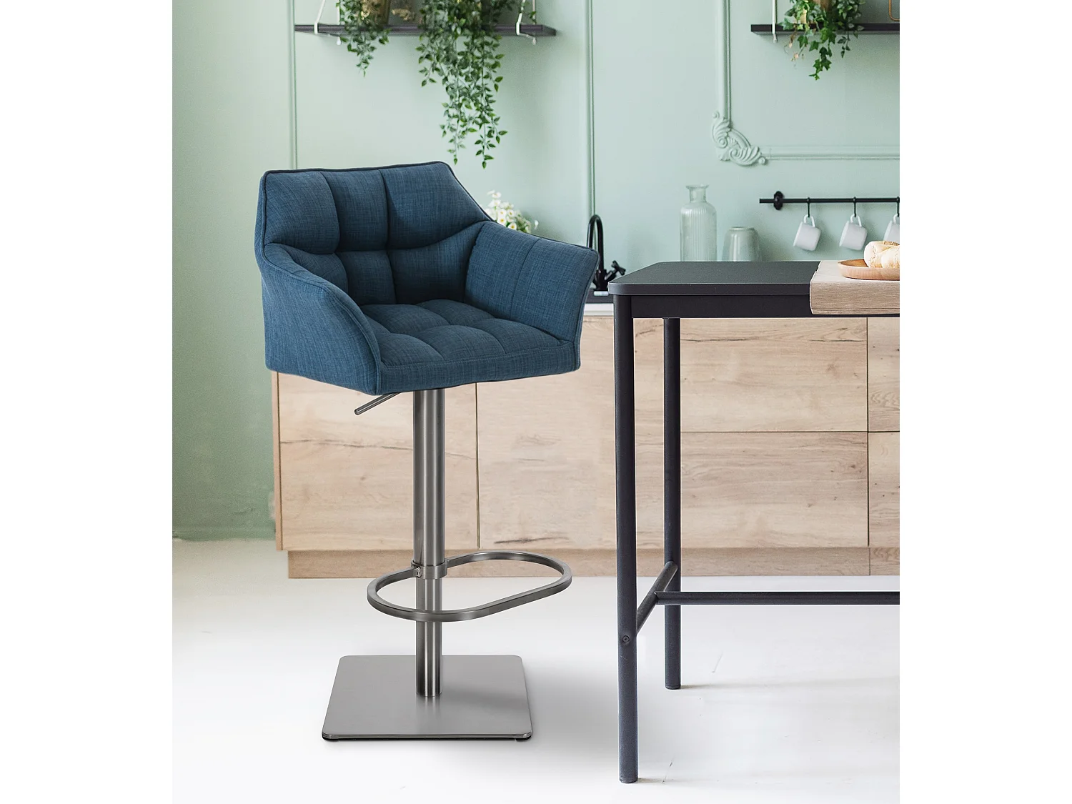 Lot de 2  Tabouret de bar - Tissu & Acier inoxydable - Bleu - Damaso