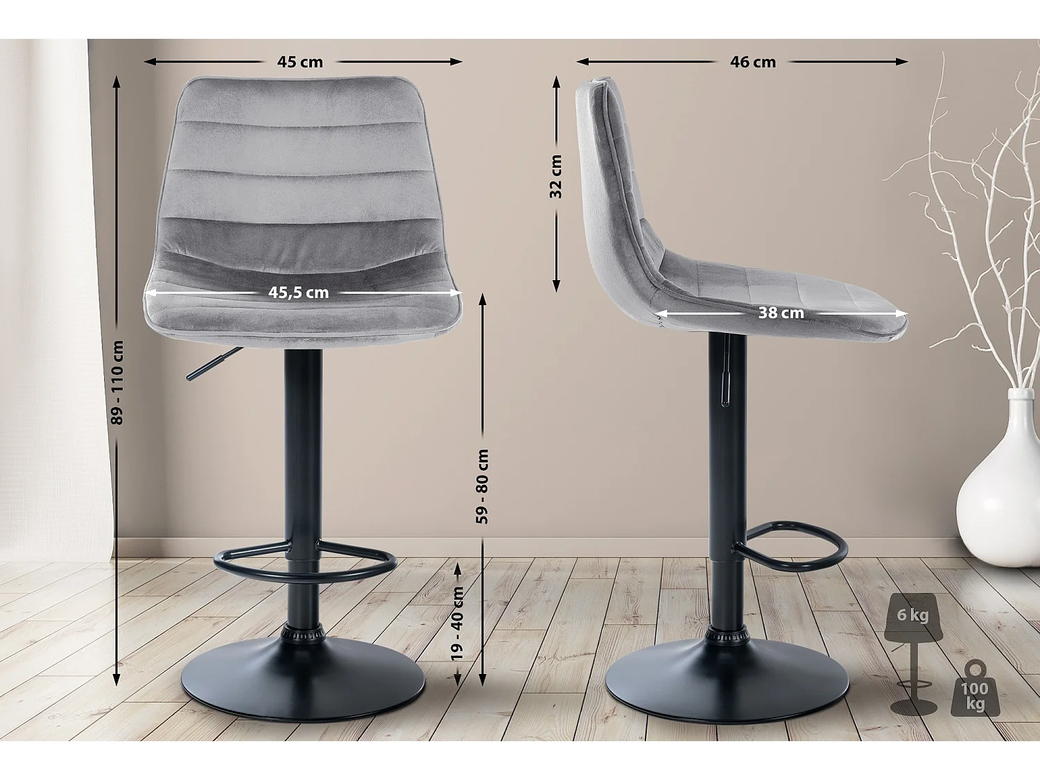 Tabouret de bar - Velours & Métal - Gris - Lex