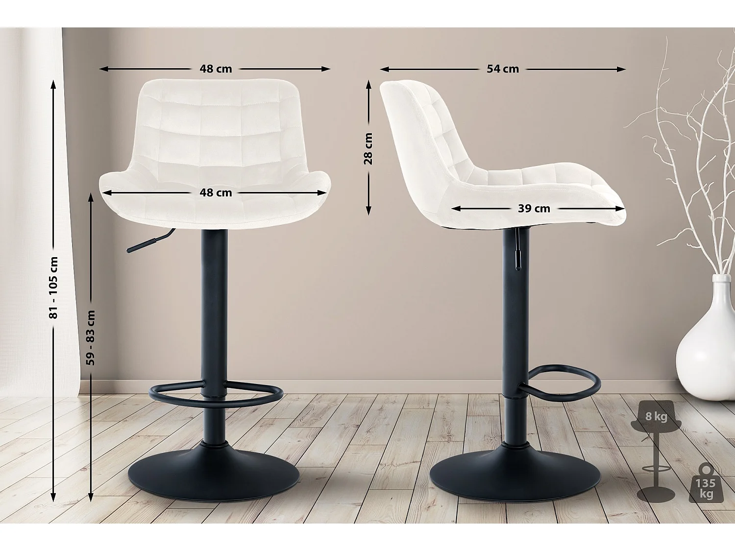 Lot de 2  Tabouret de bar - Velours - Crème - Tover