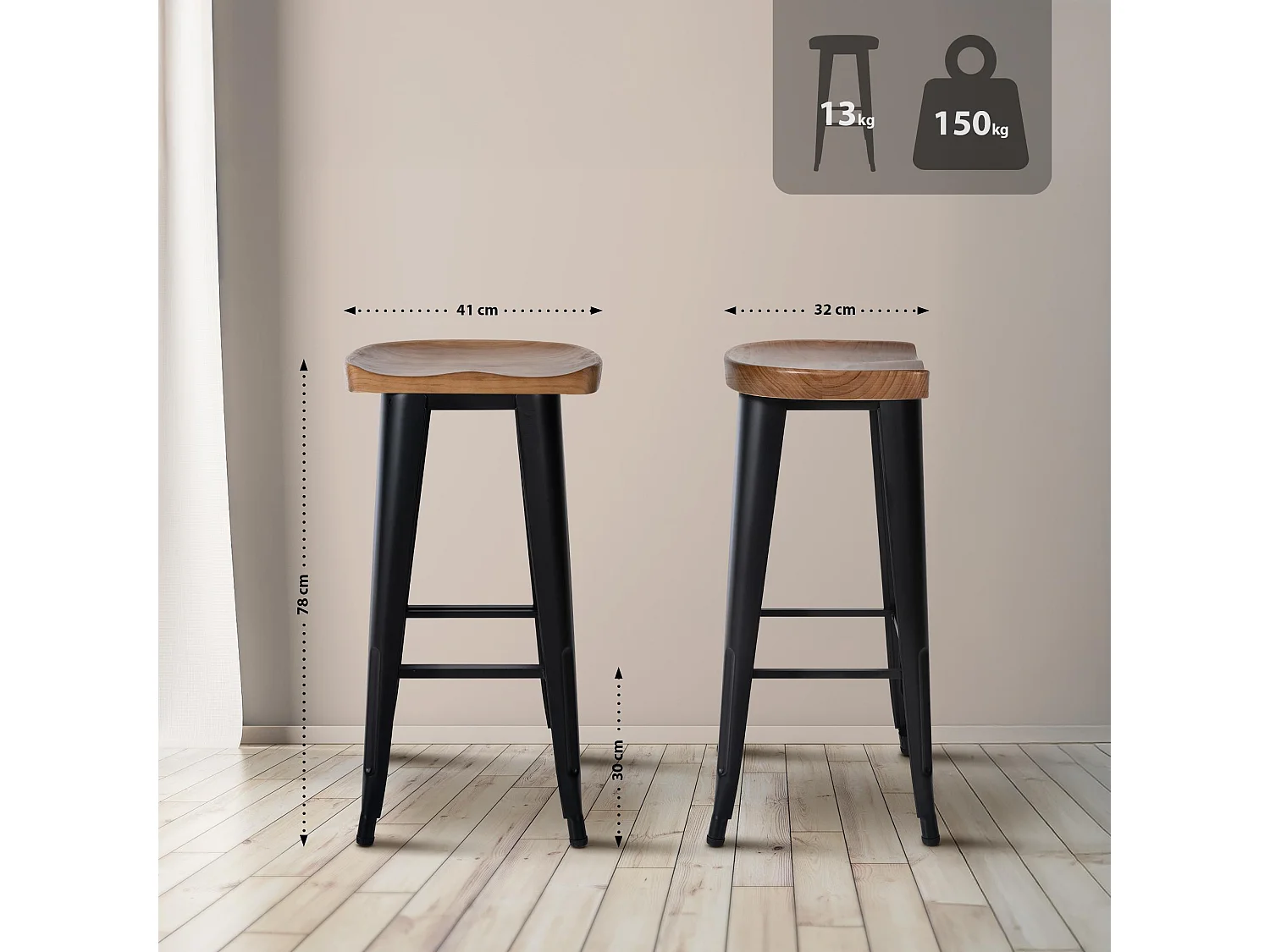 Tabouret de bar - Bois - Noir - Clara
