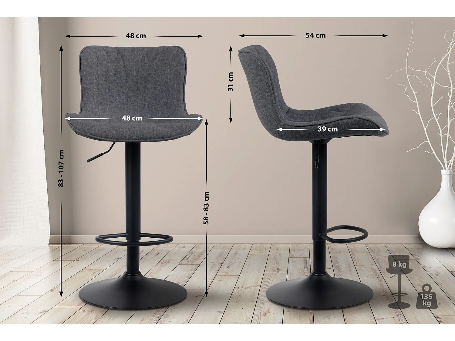 Lot de 2  Tabouret de bar - Tissu - Noir - Linus