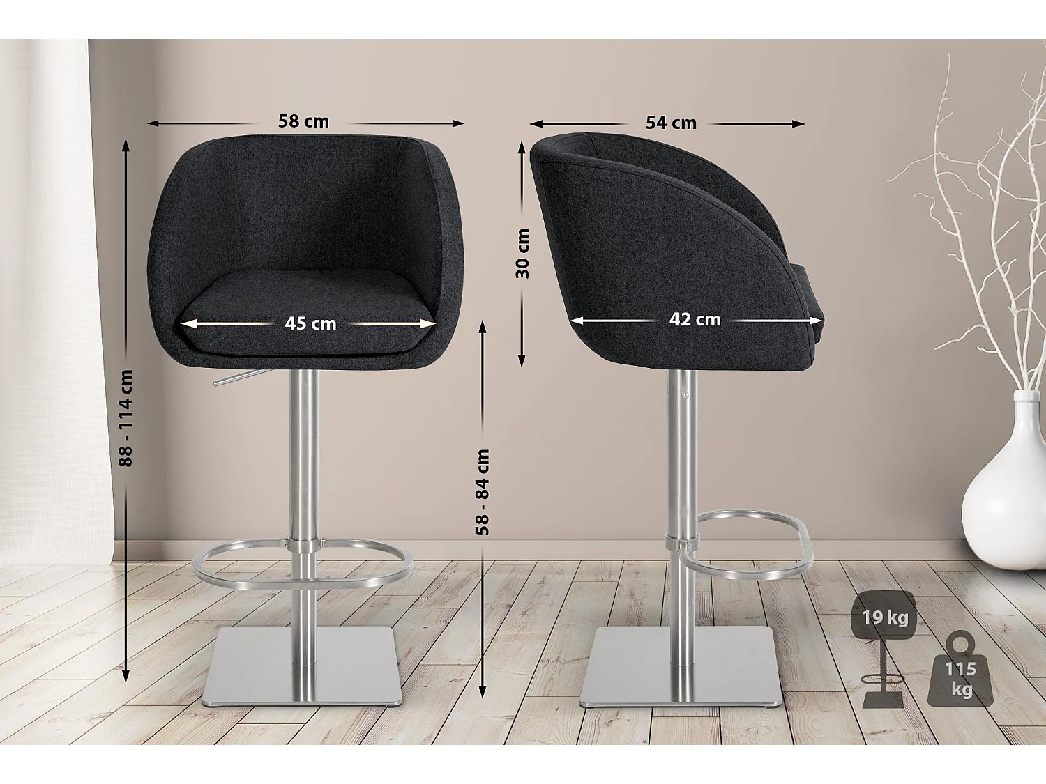 Tabouret de bar - Feutrine & Acier inoxydable - Anthracite - Gambo