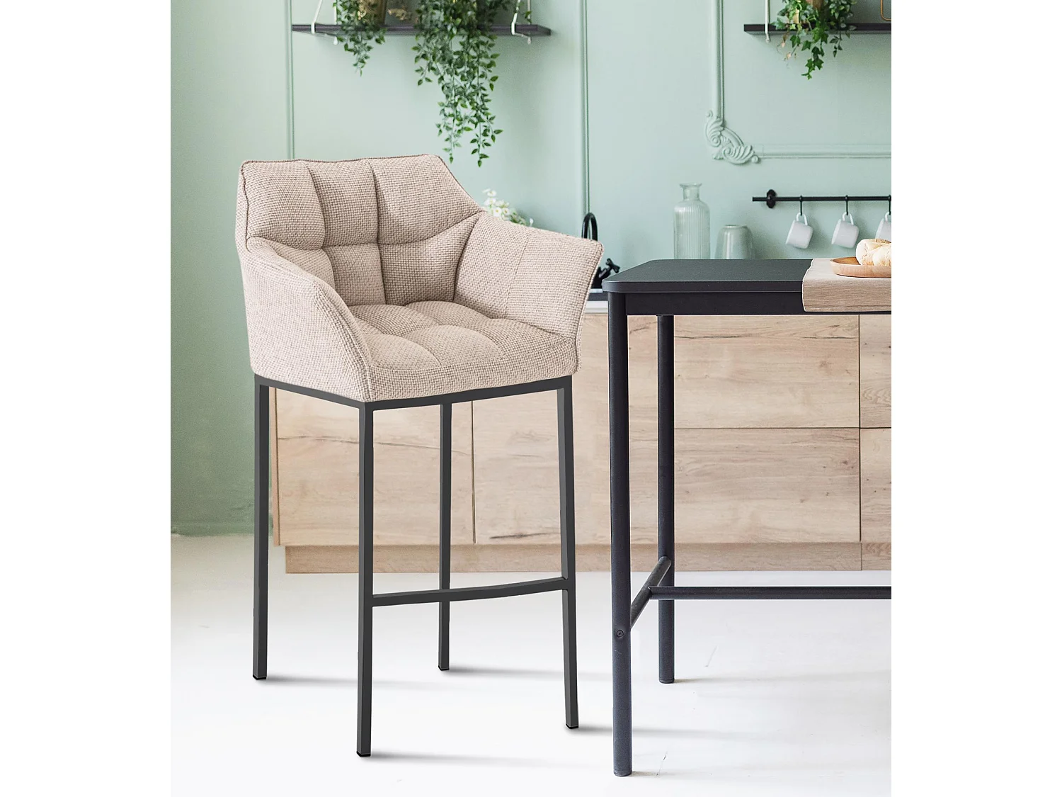 Lot de 2  Tabouret de bar - Tissu & Noir - Ivoire - Damaso