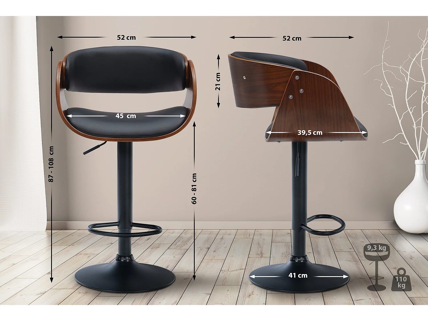 Tabouret de bar - Similicuir & Noir - Noyer / Noir - Portmore