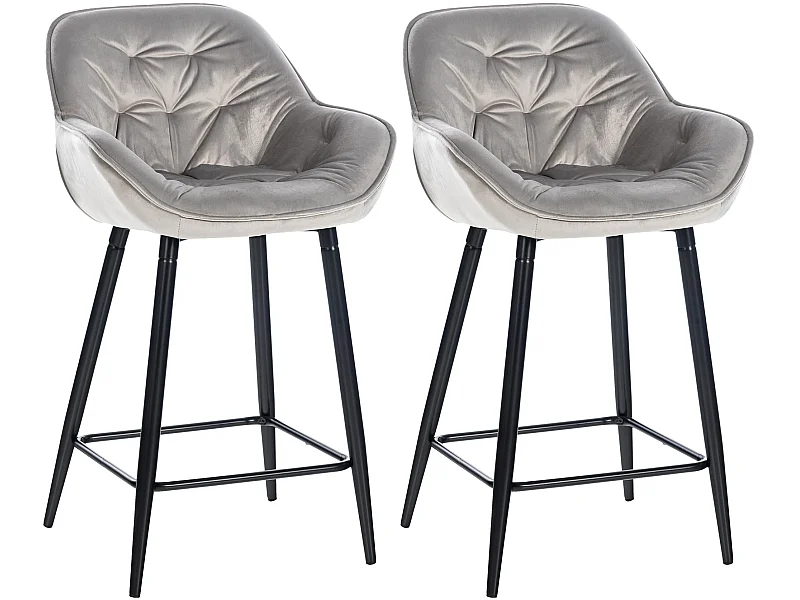 Lot de 2 Tabourets de bar - Velours & Métal noir mat - Gris - Gibson 76