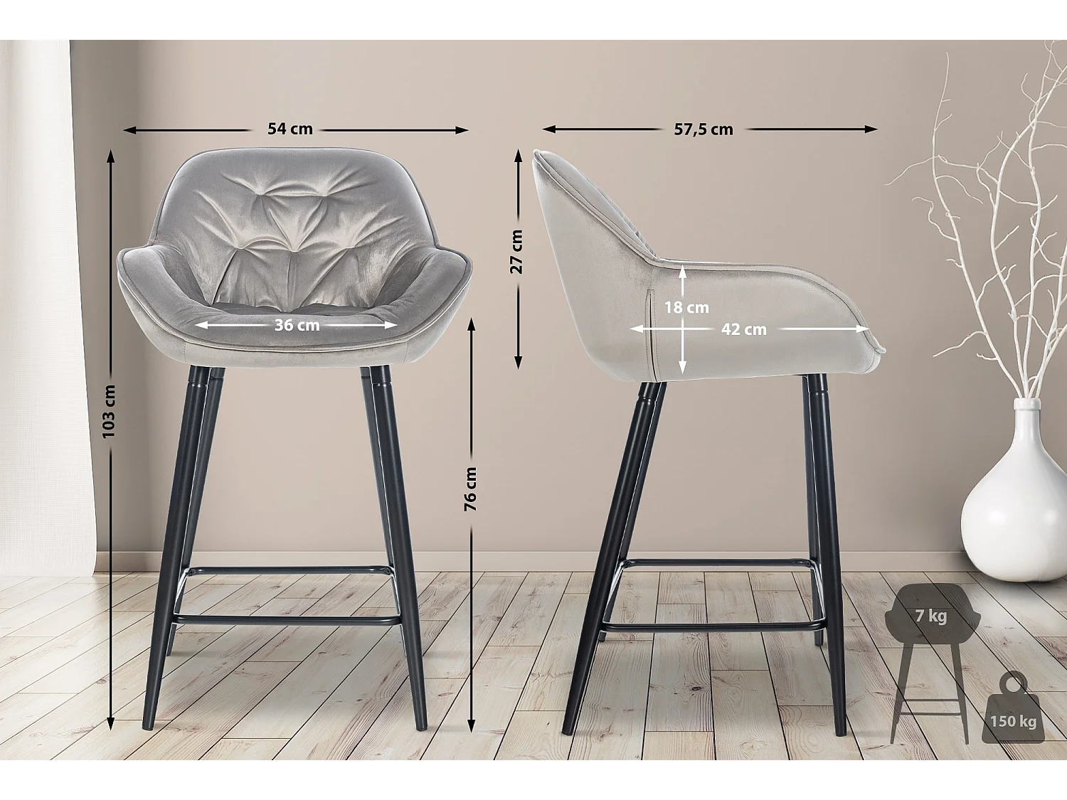 Set De 2 Taburete de bar - Terciopelo & Metal negro mate - Gris - Gibson 76