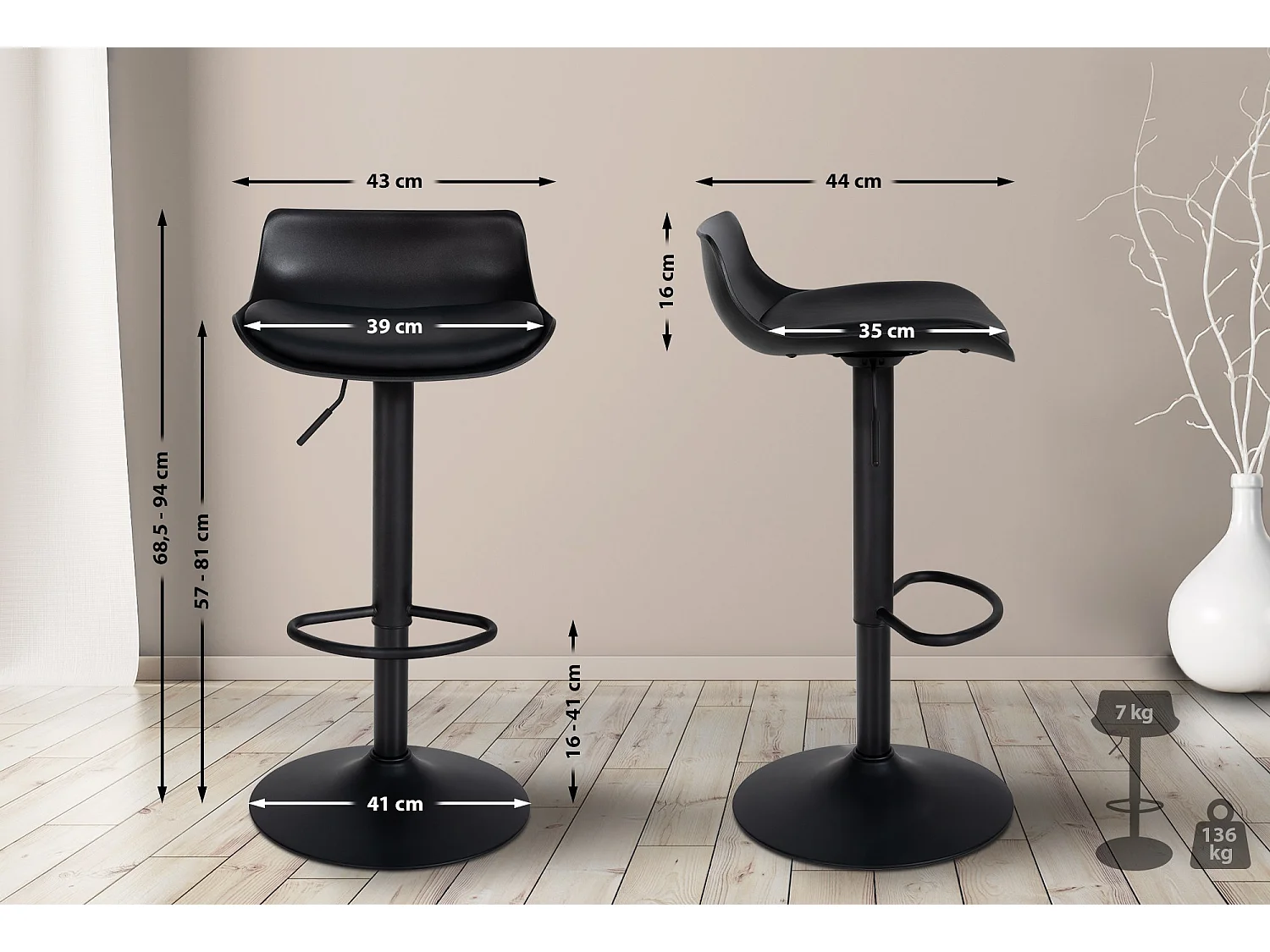Tabouret de bar - Similicuir & Chrome - Noir - Aveiro