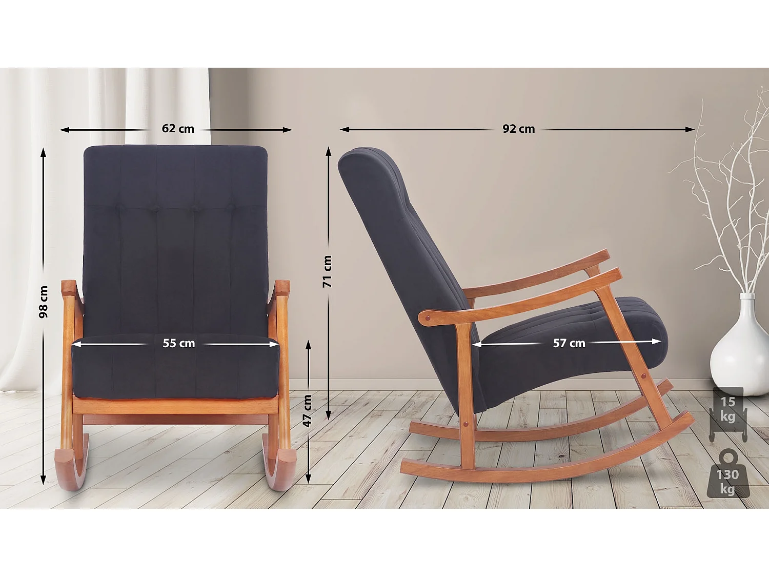 Fauteuil à bascule - Velours - Noyer / Noir - Saltillo