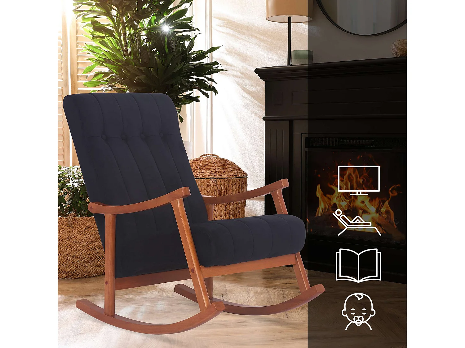 Fauteuil à bascule - Velours - Noyer / Noir - Saltillo