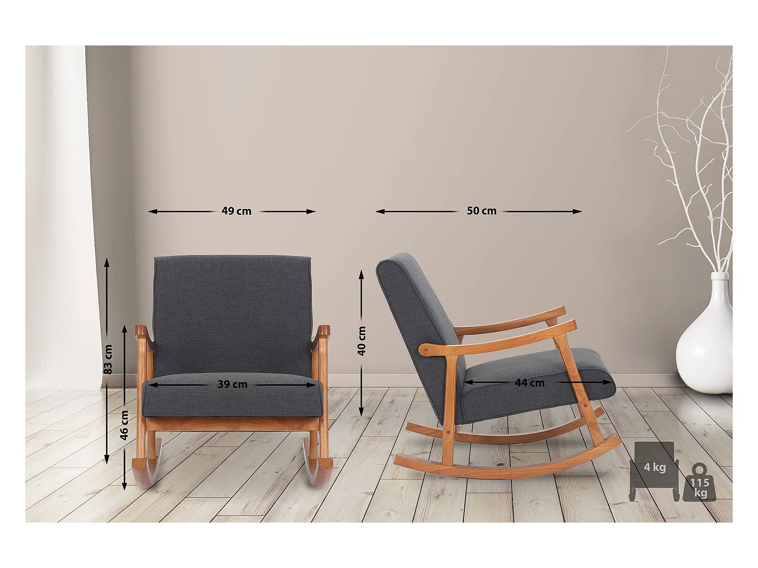 Fauteuil à bascule - Tissu & Noir - Gris foncé - Morelia