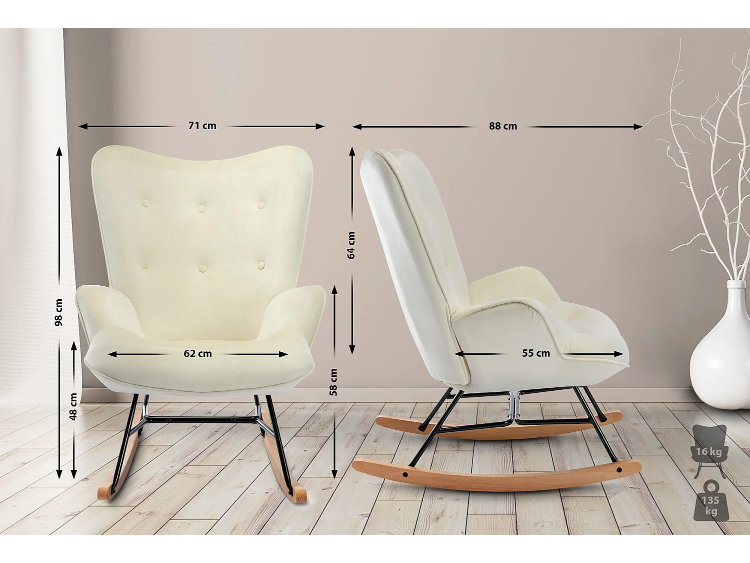 Fauteuil à bascule - Velours & Antique clair - Crème - Sanka
