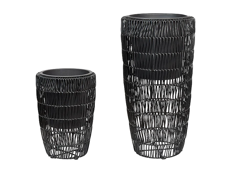 Blumentopf 2er Set Rattan schwarz rund hoch Outdoor Indoor mit Innentopf Chelone