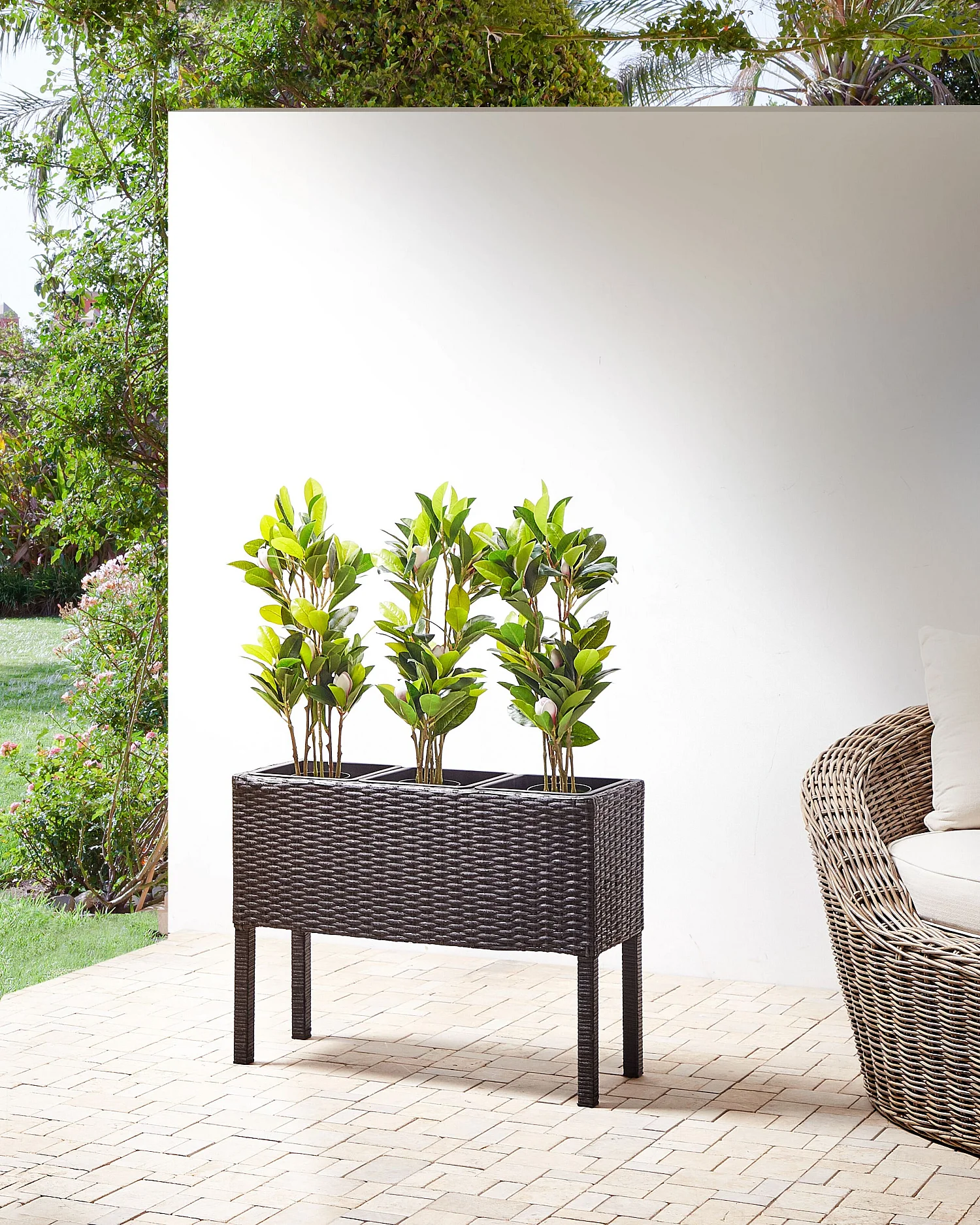 Garten Hochbeet auf Stelzen Rattan braun rechteckig Pflanzkasten Boho Caragana