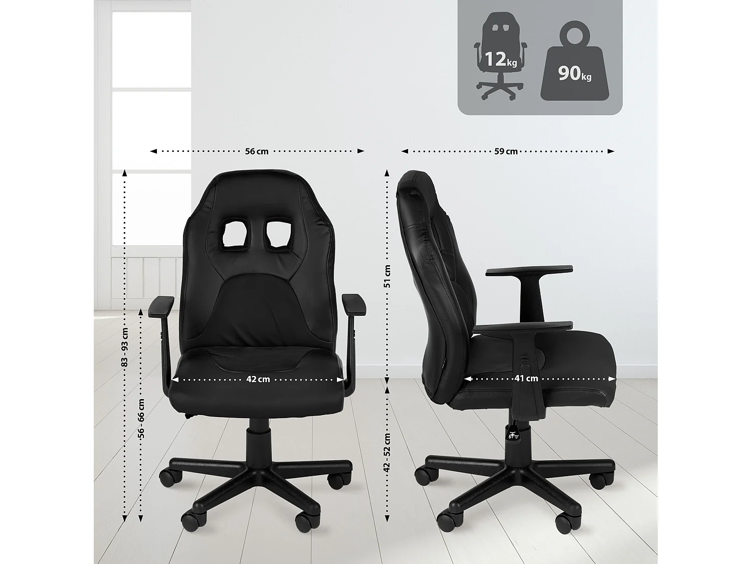Chaise de bureau - Similicuir - Noir / Noir - Fun