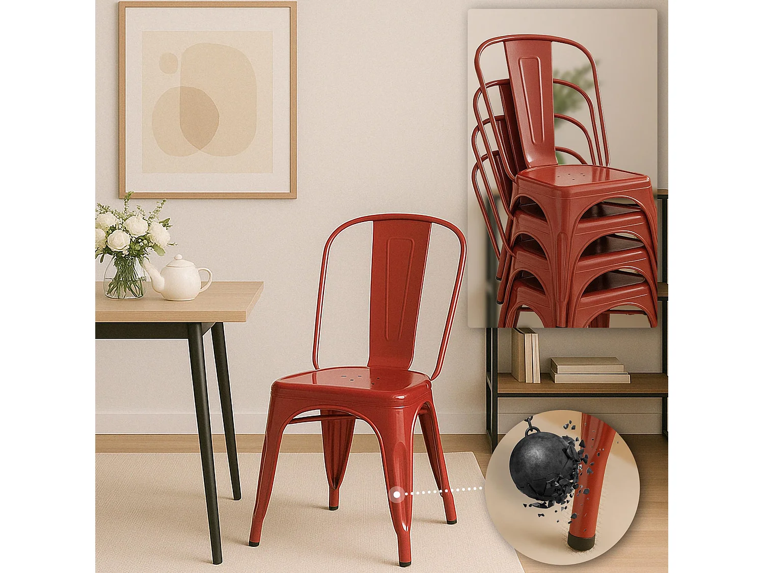 Lot de 4  Chaise de bistrot - Métal - Rouge - Benedikt