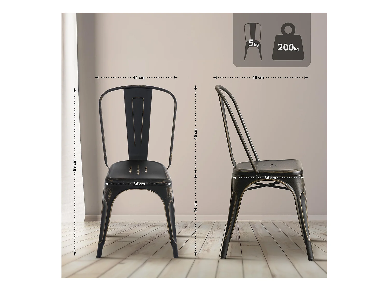Lot de 4  Chaise de bistrot - Métal - Noir-Or - Benedikt