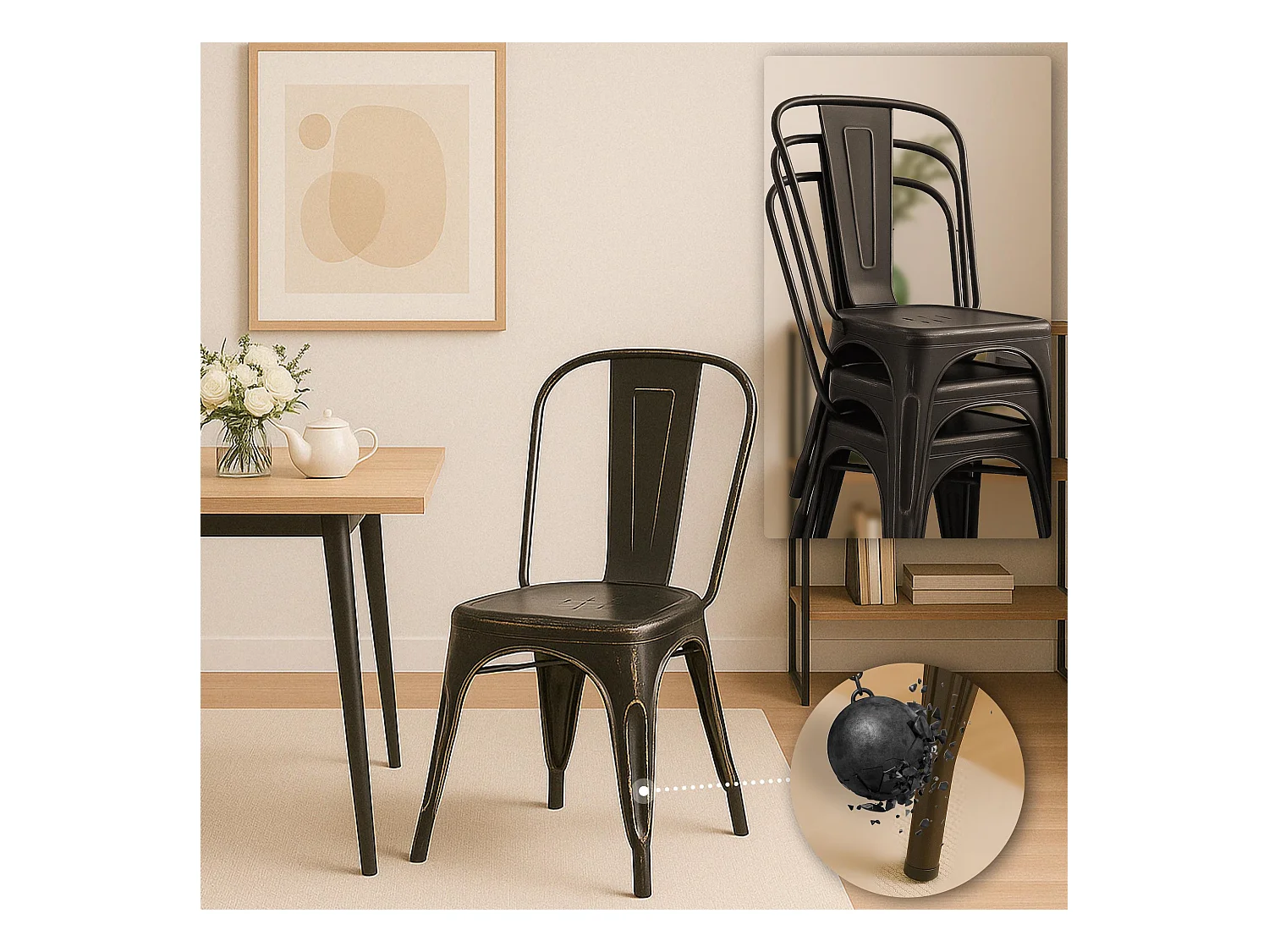 Lot de 4  Chaise de bistrot - Métal - Noir-Or - Benedikt
