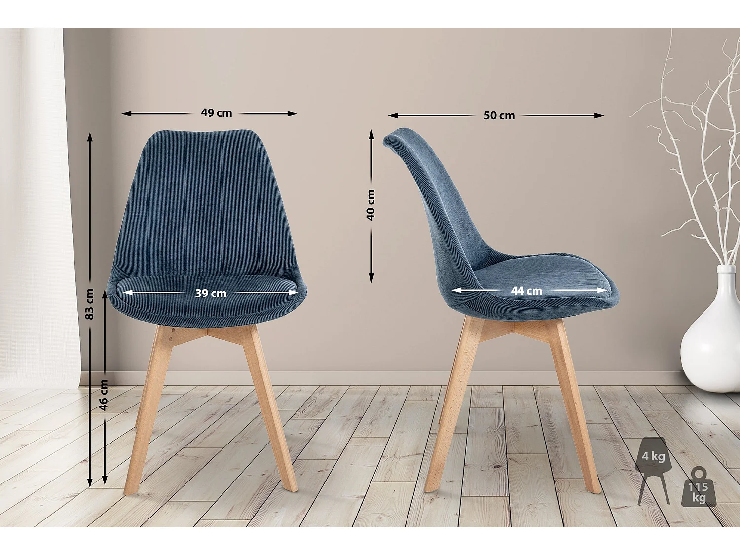 Lot de 4  chaise salle à manger - Cordon - Bleu foncé - Linares