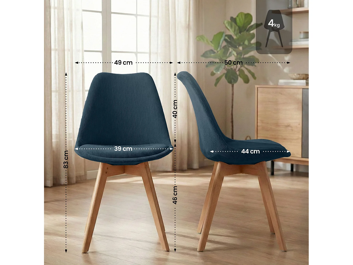 Lot de 4  chaise salle à manger - Cordon - Bleu foncé - Linares