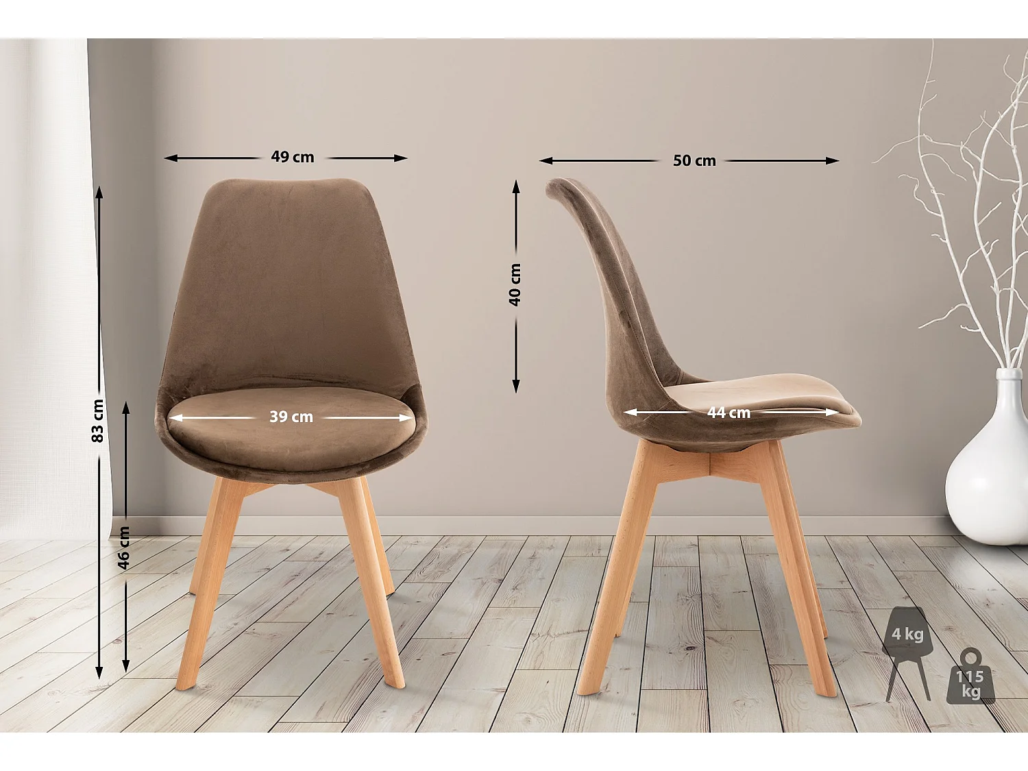 Lot de 4  chaise salle à manger - Velours - Marron foncé - Linares