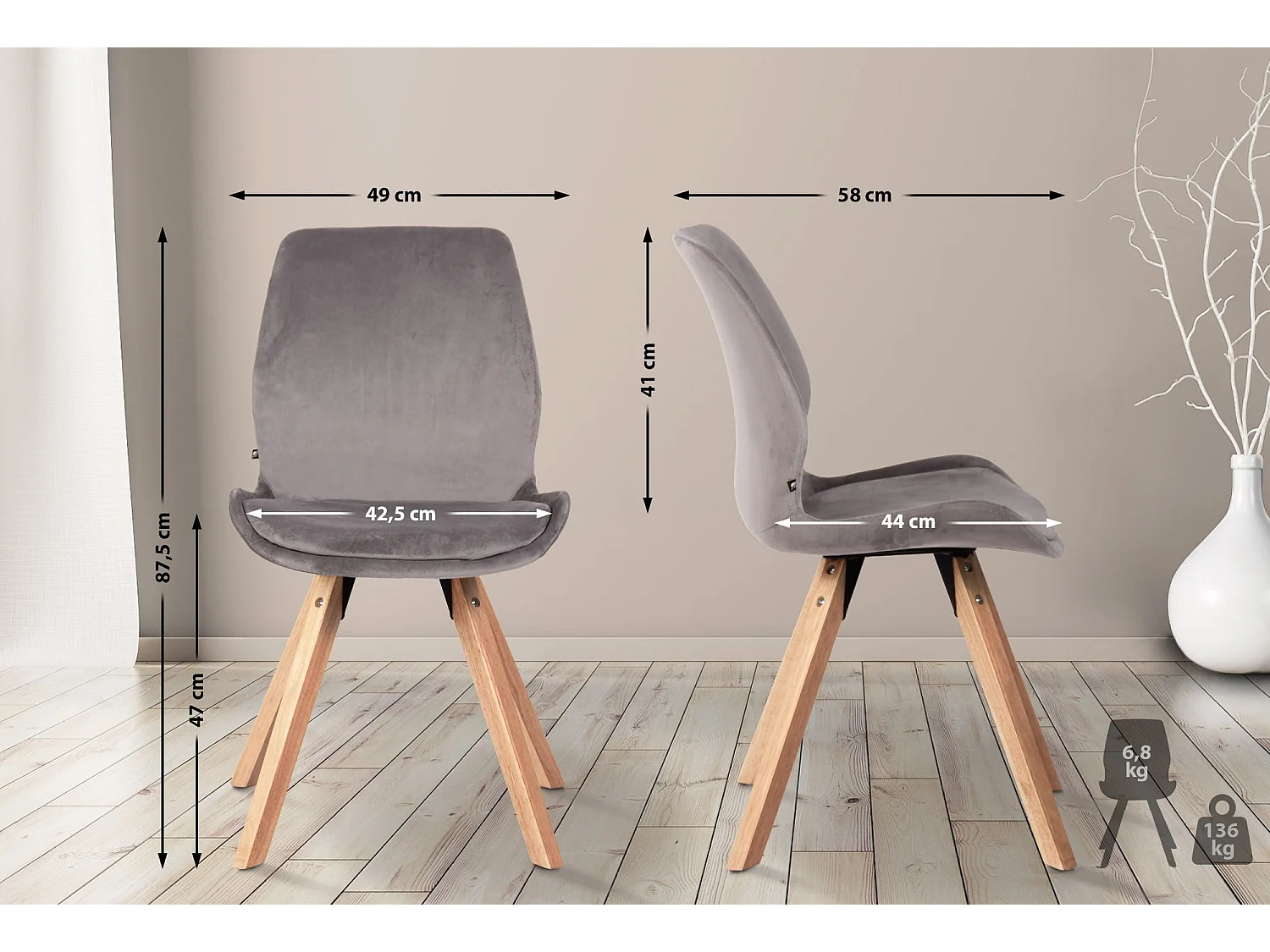 Lot de 4  chaise salle à manger - Velours - Gris - Luna