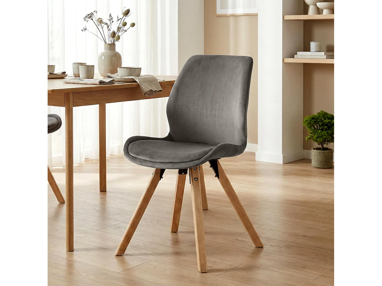 Lot de 4  chaise salle à manger - Velours - Gris - Luna