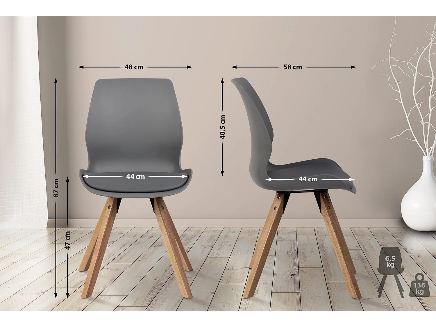 Lot de 2  chaise salle à manger - Plastique - Gris - Luna