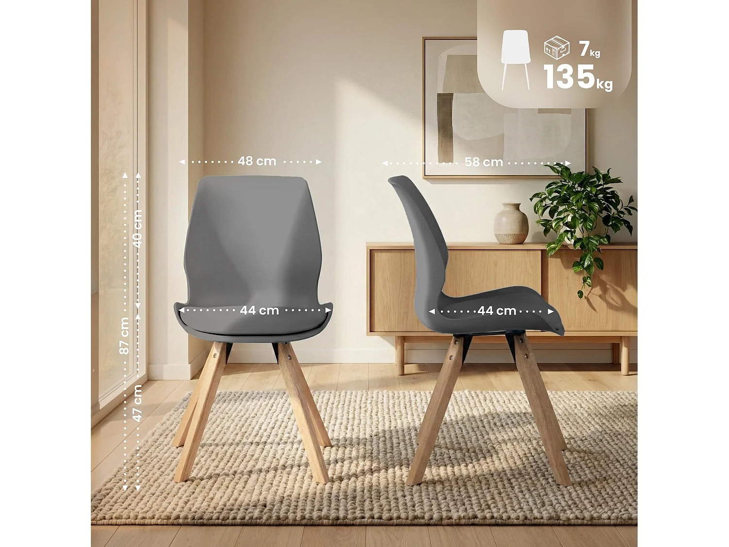 Lot de 2  chaise salle à manger - Plastique - Gris - Luna