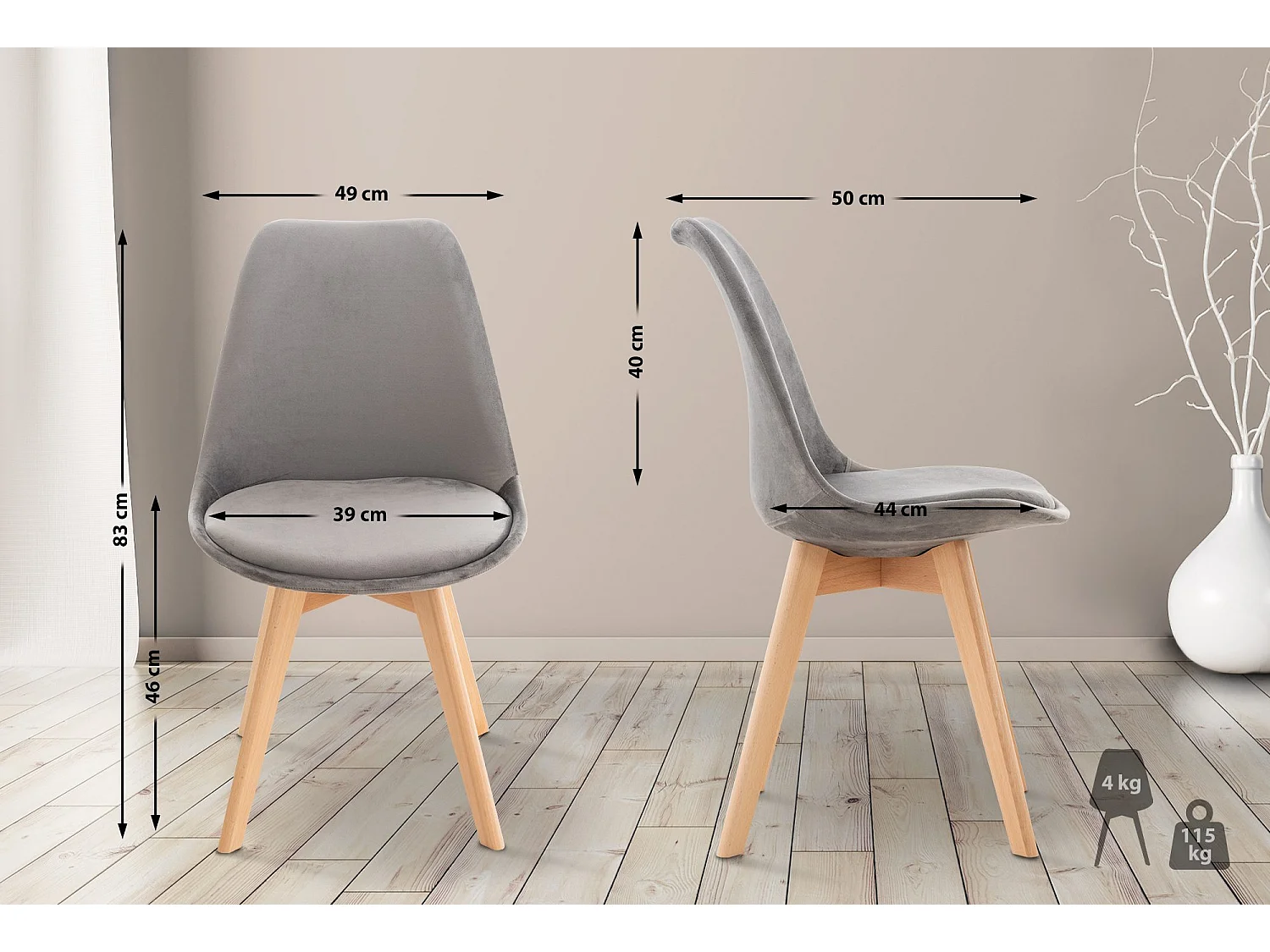 Lot de 4  chaise salle à manger - Velours - Gris - Linares