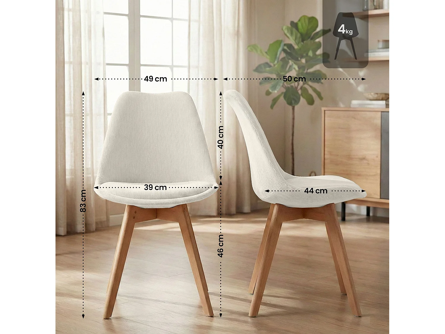 Lot de 4  chaise salle à manger - Cordon - Beige - Linares