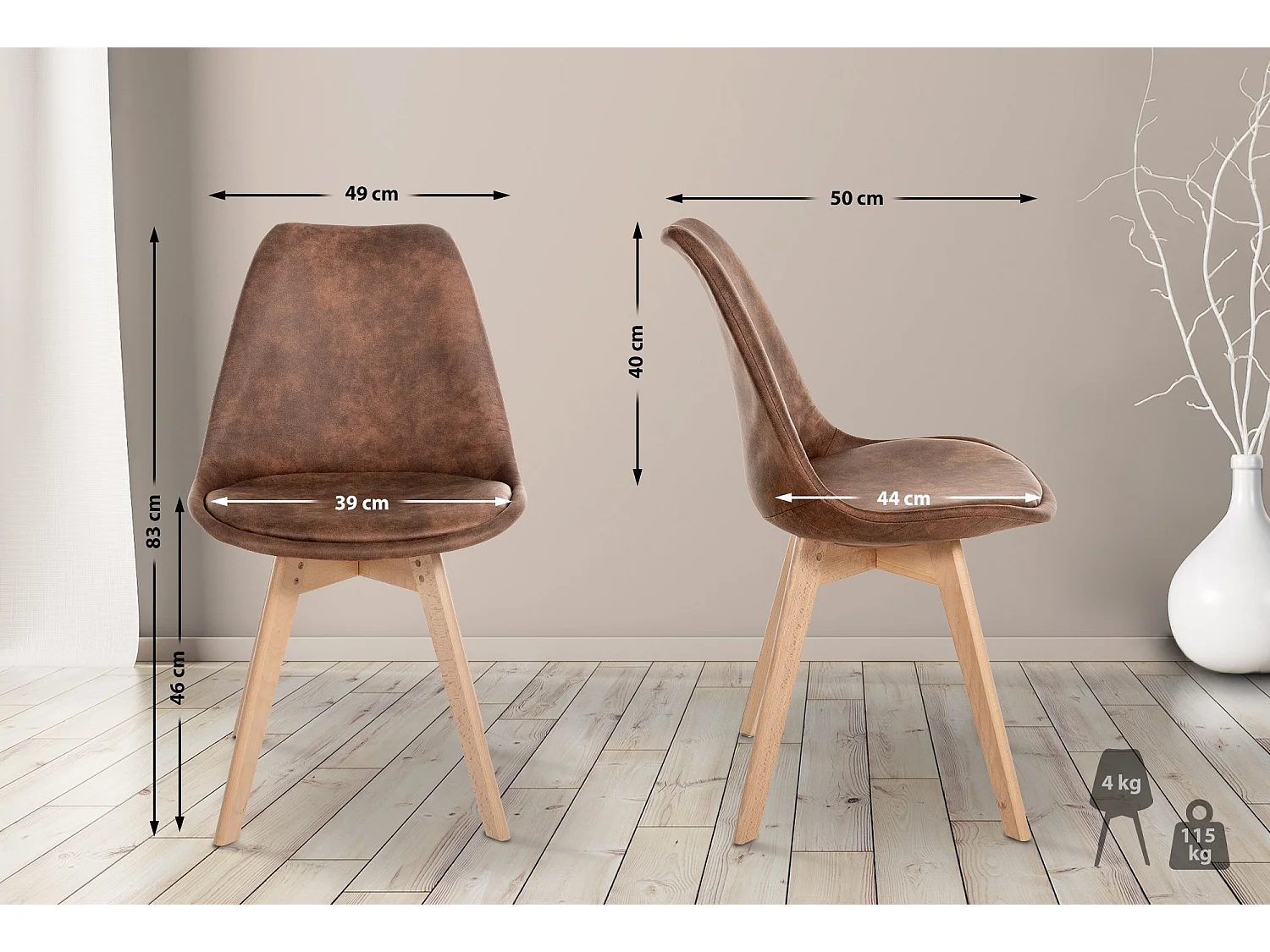 Lot de 4  chaise salle à manger - Similicuir - Marron - Linares