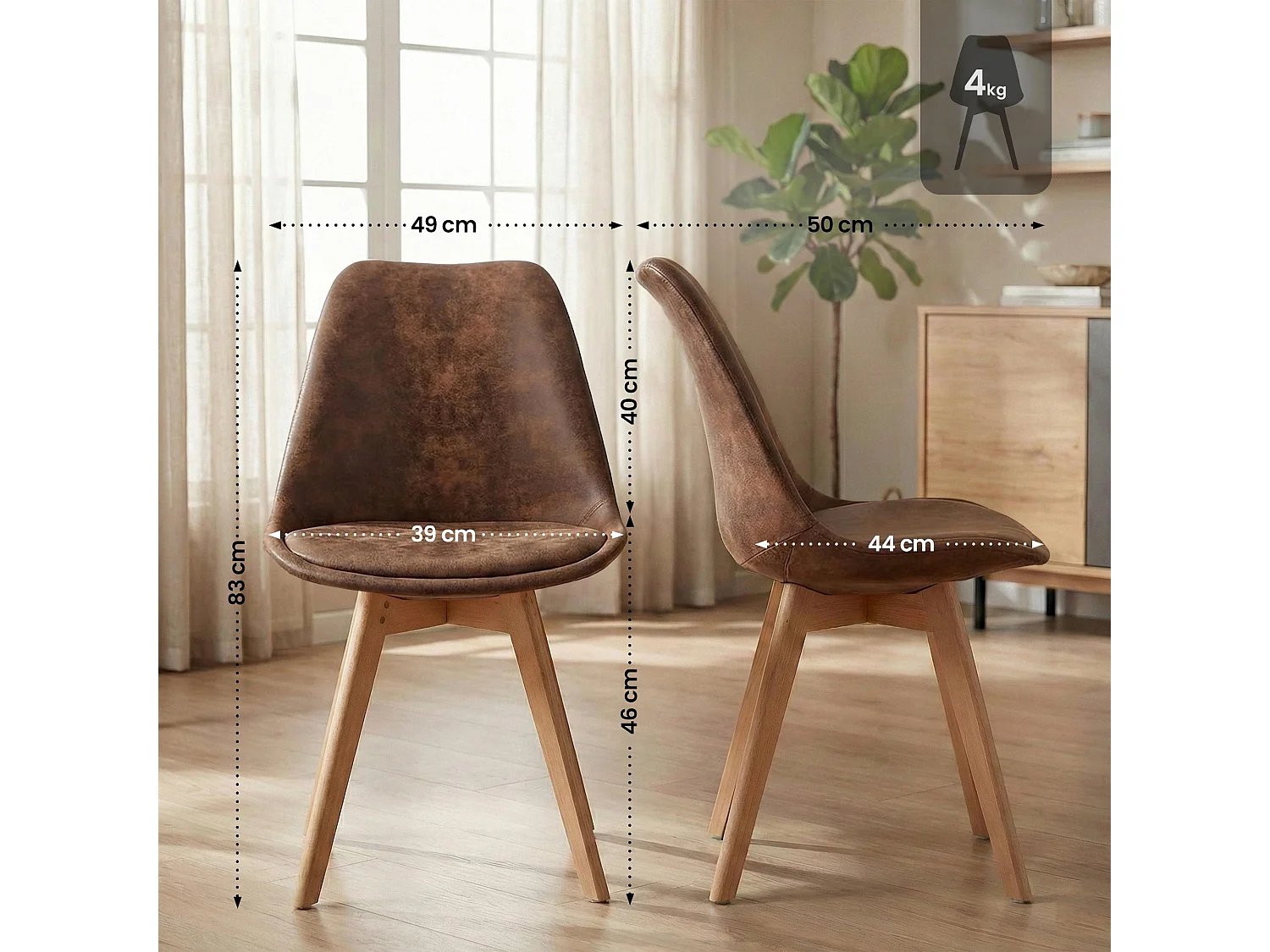 Lot de 4  chaise salle à manger - Similicuir - Marron - Linares