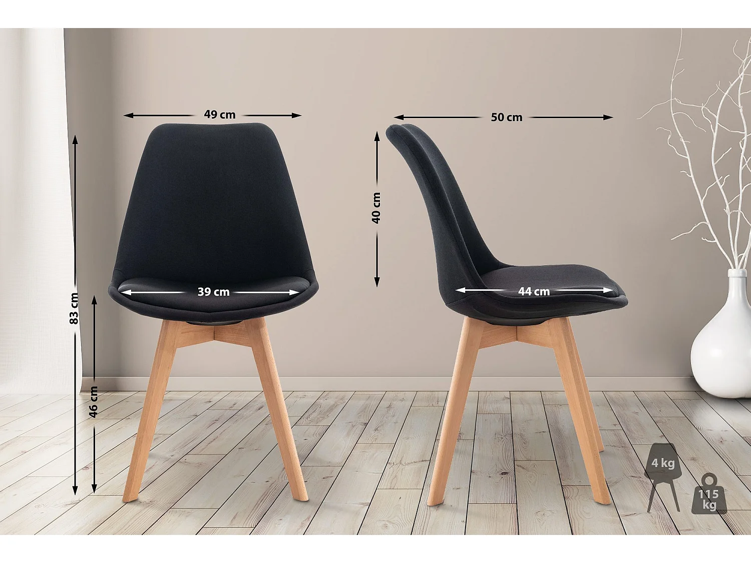 Lot de 4  chaise salle à manger - Tissu - Noir - Linares