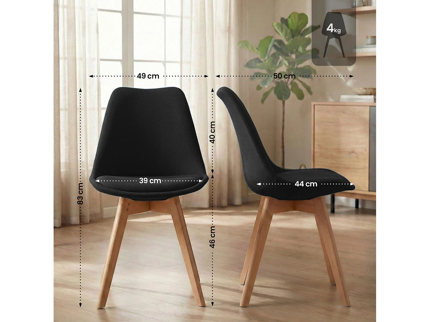 Lot de 4  chaise salle à manger - Tissu - Noir - Linares