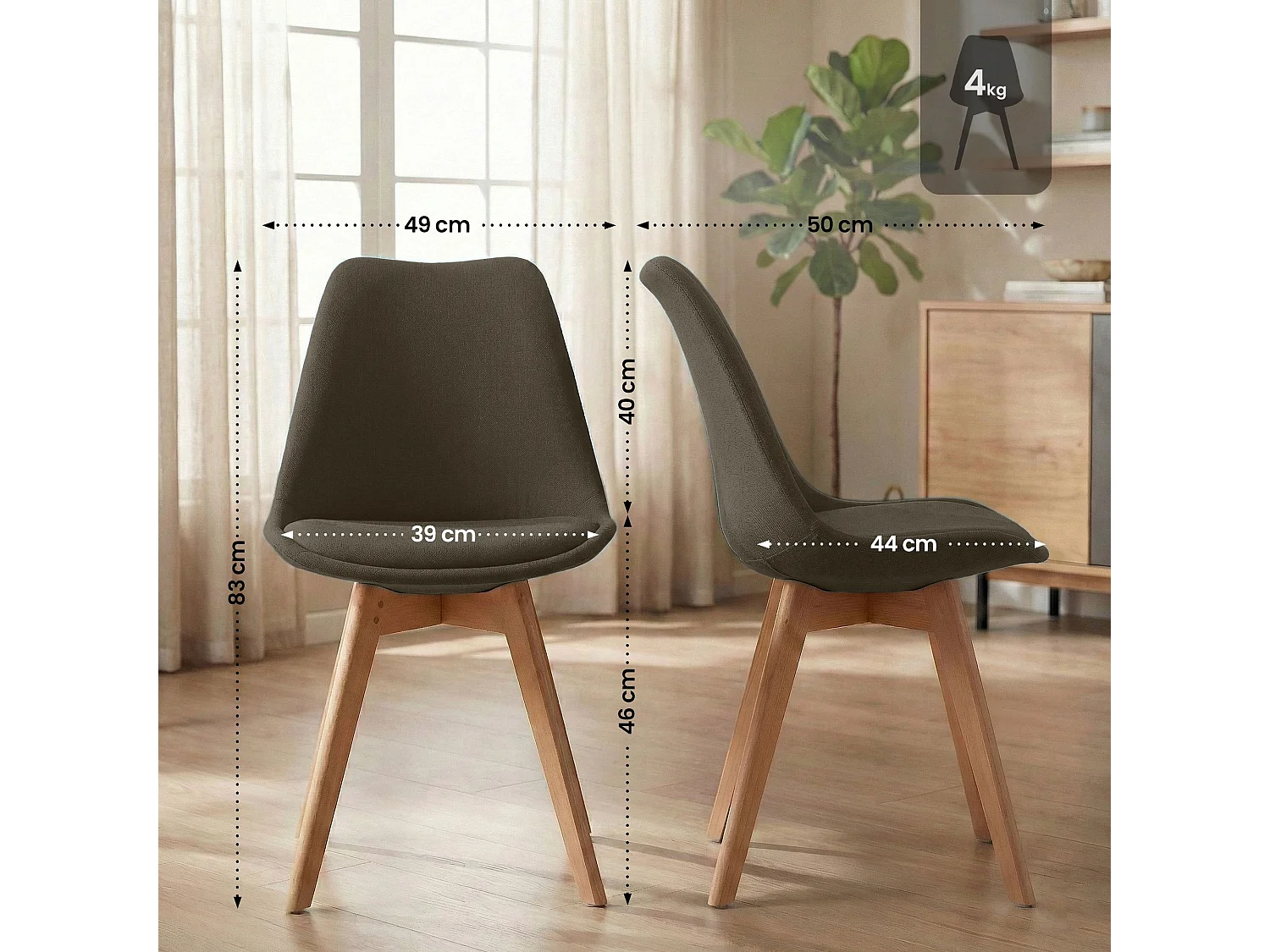 Lot de 4  chaise salle à manger - Tissu - Marron - Linares