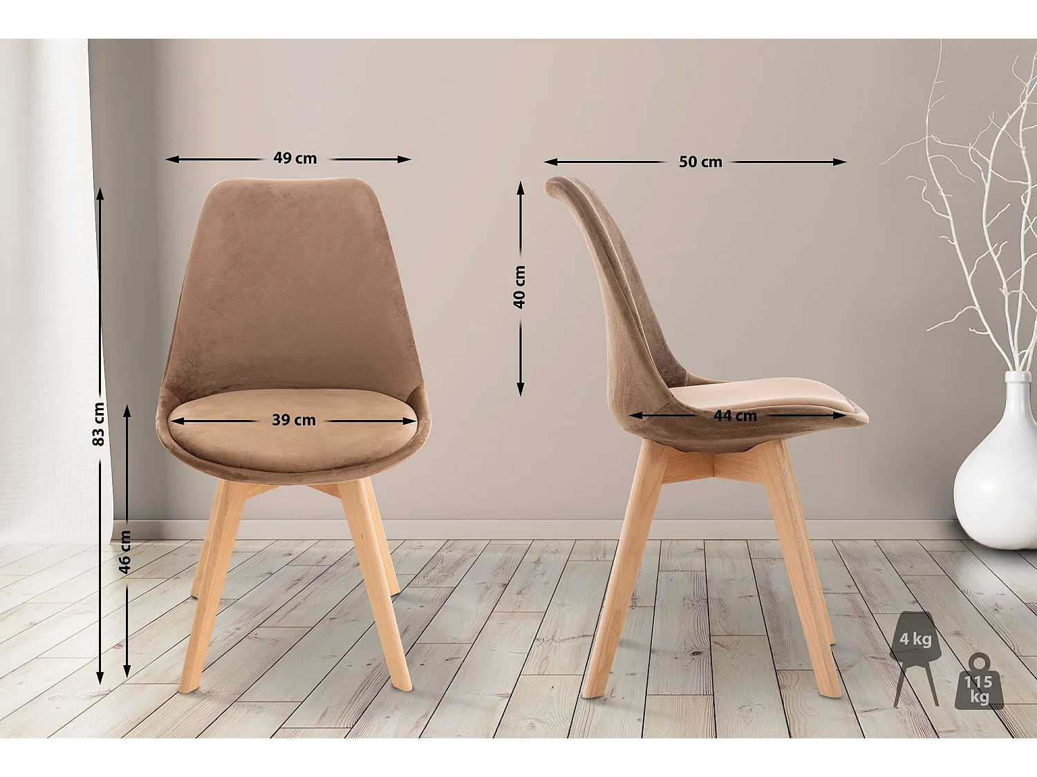 Lot de 4  chaise salle à manger - Velours - Marron - Linares