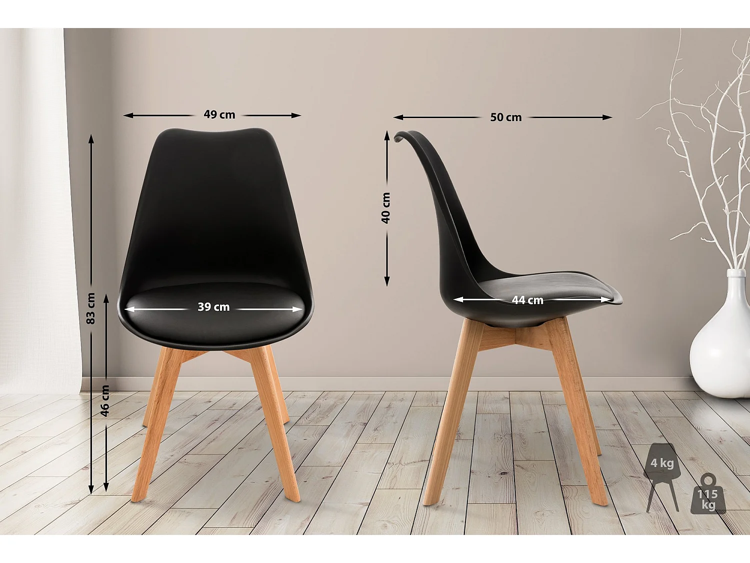 Lot de 4  chaise salle à manger - Plastique - Noir - Linares