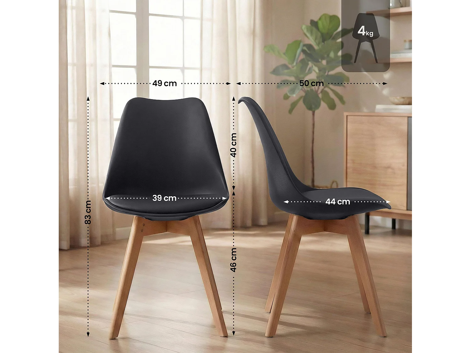 Lot de 4  chaise salle à manger - Plastique - Noir - Linares