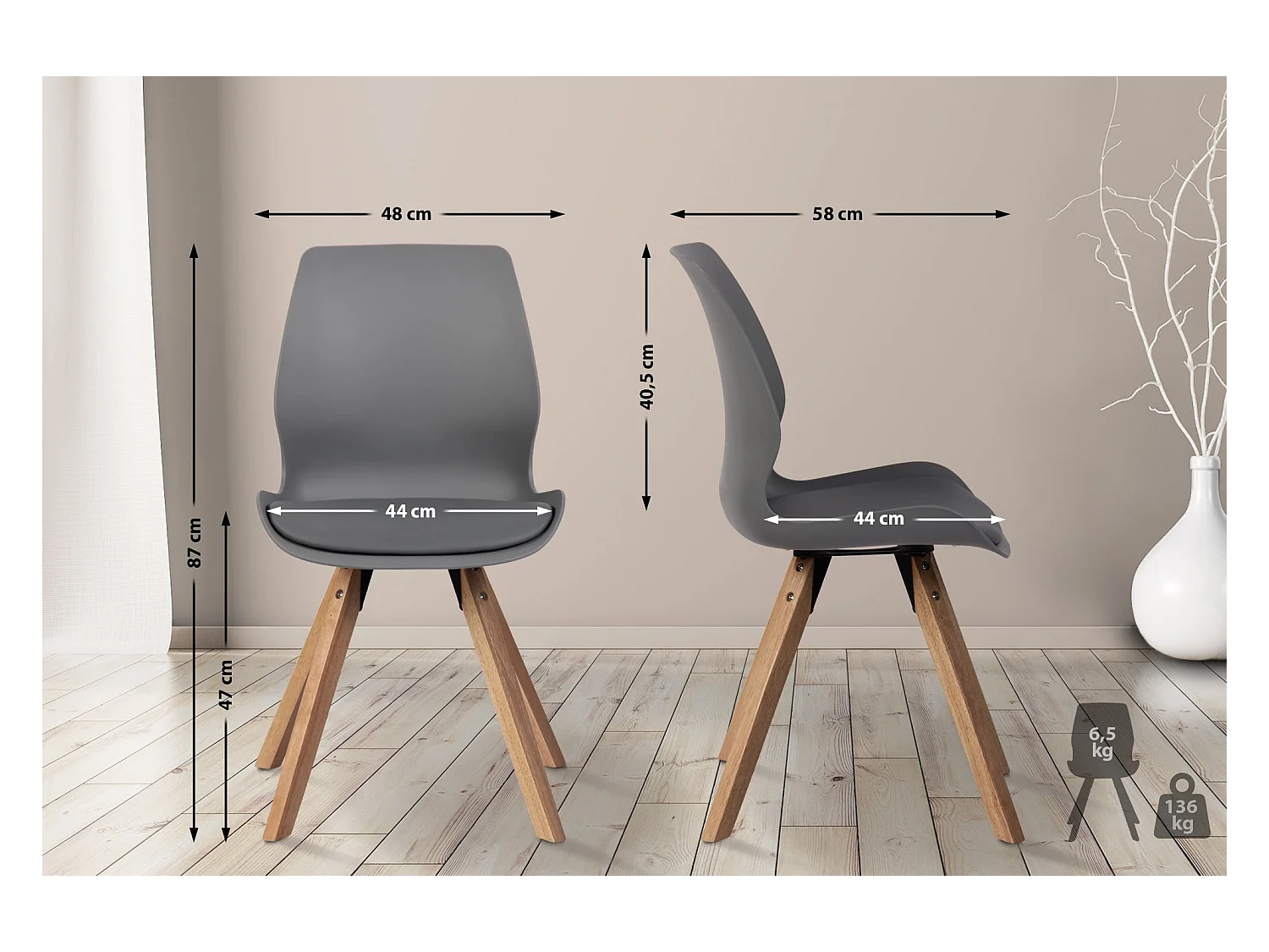 Set van 4  Eetkamerstoelen - Kunststof - grijs - Luna